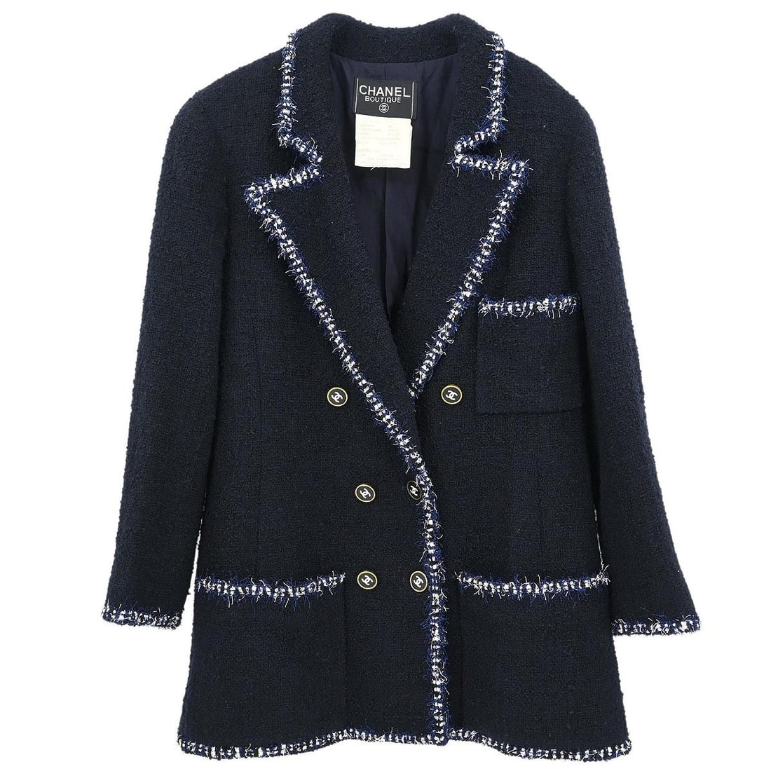 Chanel Vintage Double Breasted Navy Wool Jacket #40: Chanel Vintage Double Breasted Navy Wool Jacket #40 This elegant Chanel Double Breasted Jacket in navy is crafted from 100% wool, making it a sophisticated choice for casual occasions. Featuring long
