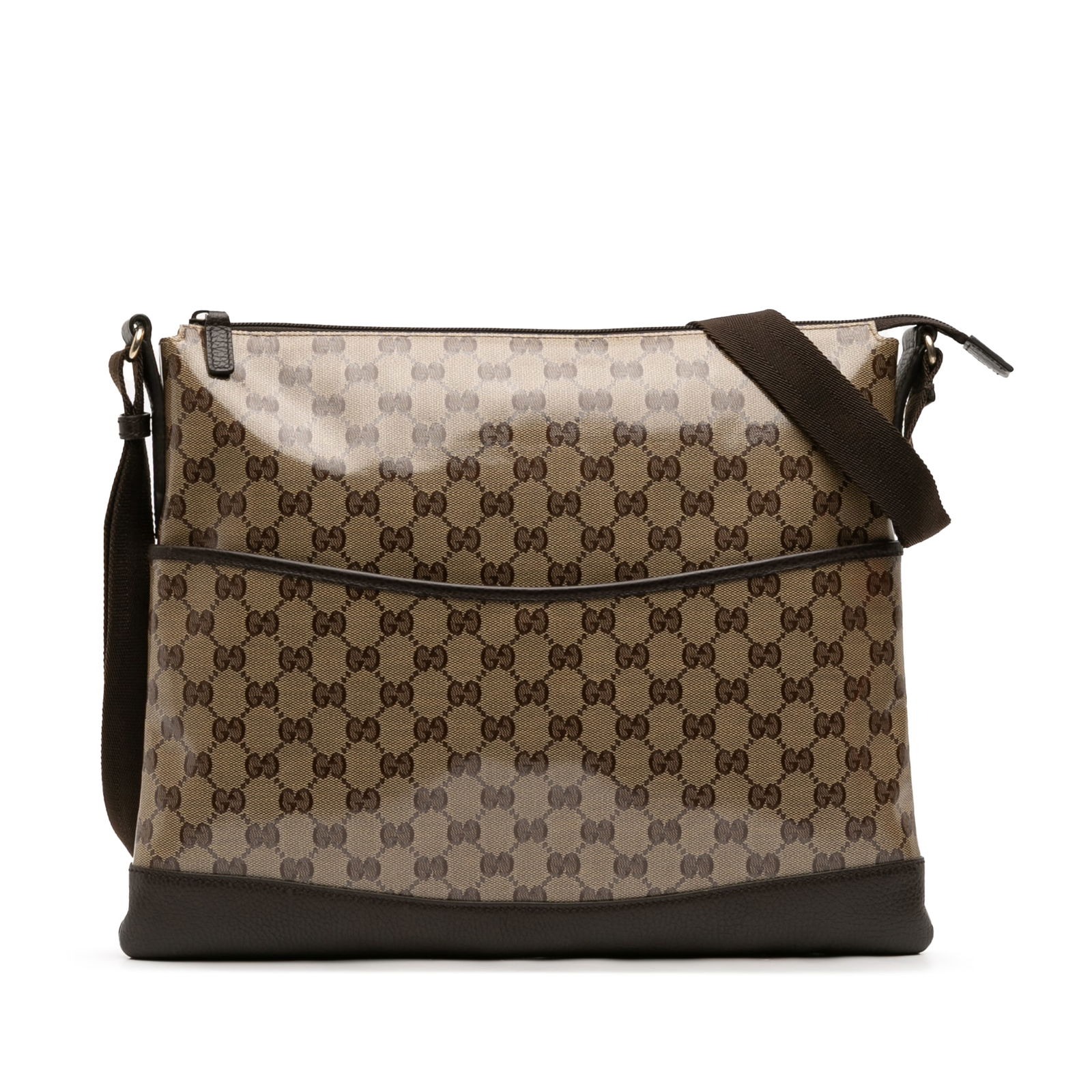 Gucci GG Crystal Crossbody Bag Coated Canvas Brown Italy: Gucci GG Crystal Crossbody Bag Coated Canvas Brown Italy This Gucci GG Crystal Crossbody bag is crafted from durable coated canvas with elegant leather trim. It features a flat shoulder strap for comf