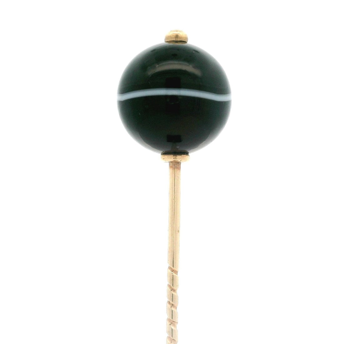 Antique 12k Yellow Gold Agate Sphere Stick Pin Brooch: Antique 12k Yellow Gold Agate Sphere Stick Pin Brooch This exquisite antique stick pin features a stunning 12k yellow gold construction and showcases a striking black banded agate bead. The natural ag