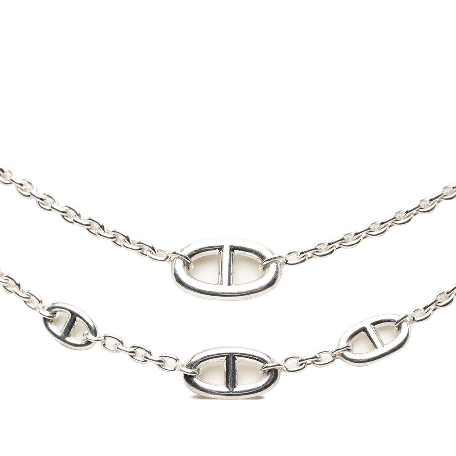 Hermes Farandole 160 Sterling Silver Long Necklace with Charms: Hermes Farandole 160 Sterling Silver Long Necklace with Charms This Hermes Farandole long necklace features a sterling silver body adorned with signature charms and a toggle closure. The piece showcas