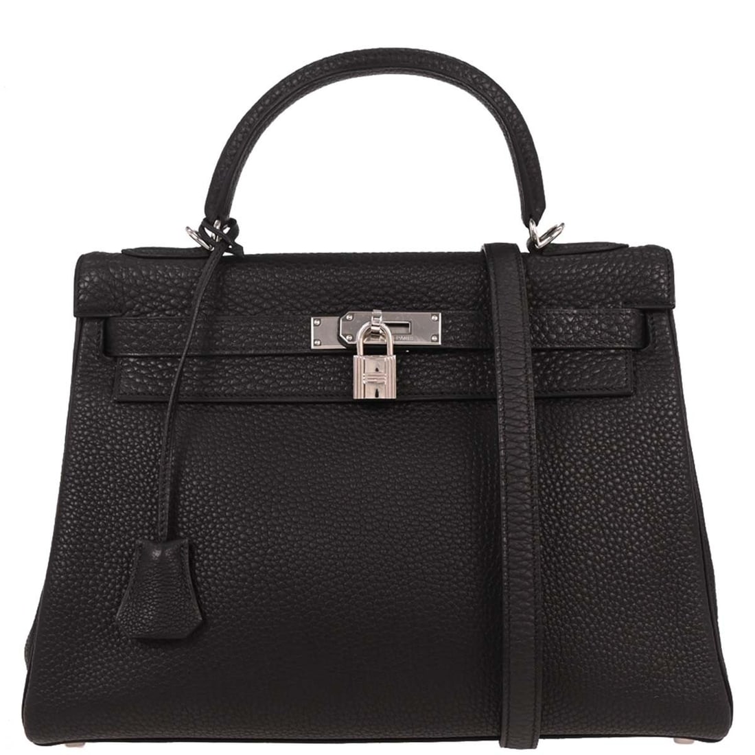 Hermes Black Togo Kelly 32 Retourne 2way Handbag with Silver Hardware: Hermes Black Togo Kelly 32 Retourne 2way Handbag with Silver Hardware This exquisite Hermes Black Togo Kelly 32 Retourne 2-way handbag combines luxury and functionality. Crafted from high-quality Togo