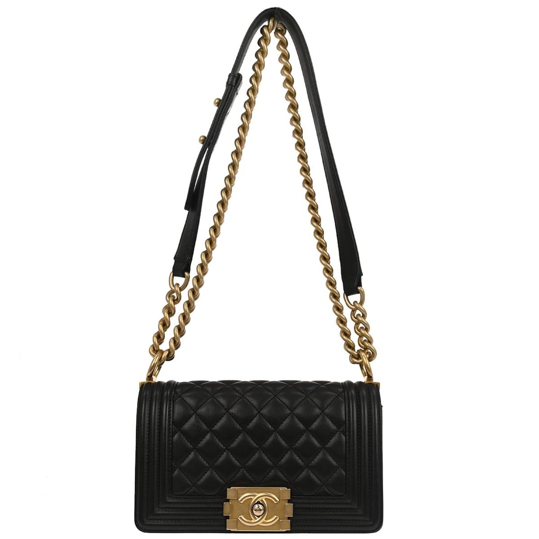 Chanel Boy Mini Black Lambskin Leather Chain Strap Shoulder Bag: Chanel Boy Mini Black Lambskin Leather Chain Strap Shoulder Bag This Boy Chanel small chain shoulder bag features a sleek black leather exterior and a compact mini size, complemented by a chain strap
