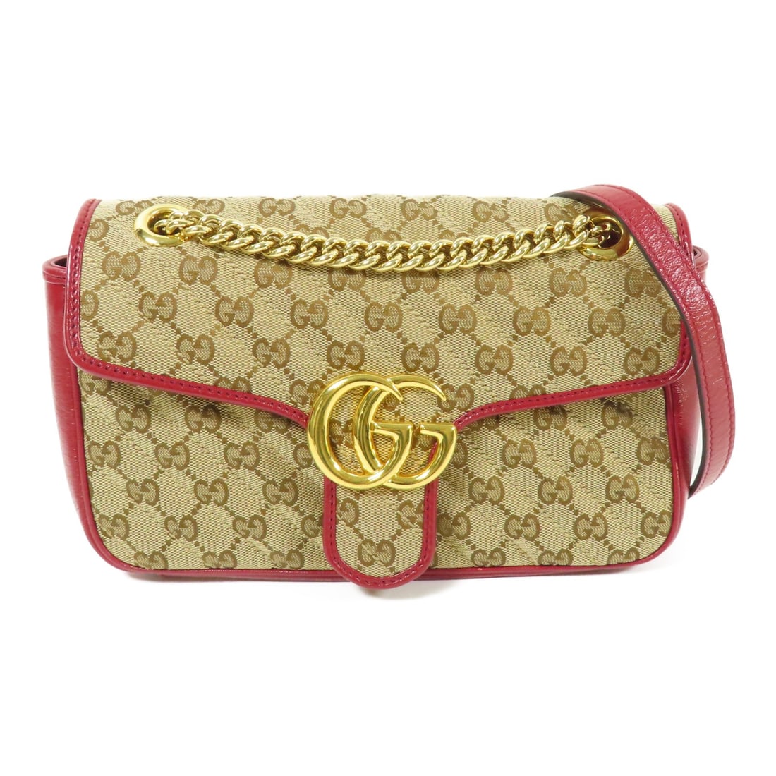 GUCCI GG Marmont Shoulder Bag Brown Red GG Canvas: GUCCI GG Marmont Shoulder Bag Brown Red GG Canvas This GUCCI GG Marmont Bag is a stylish shoulder bag made from GG canvas in a rich brown hue. The bag features a chain shoulder strap and offers a blen