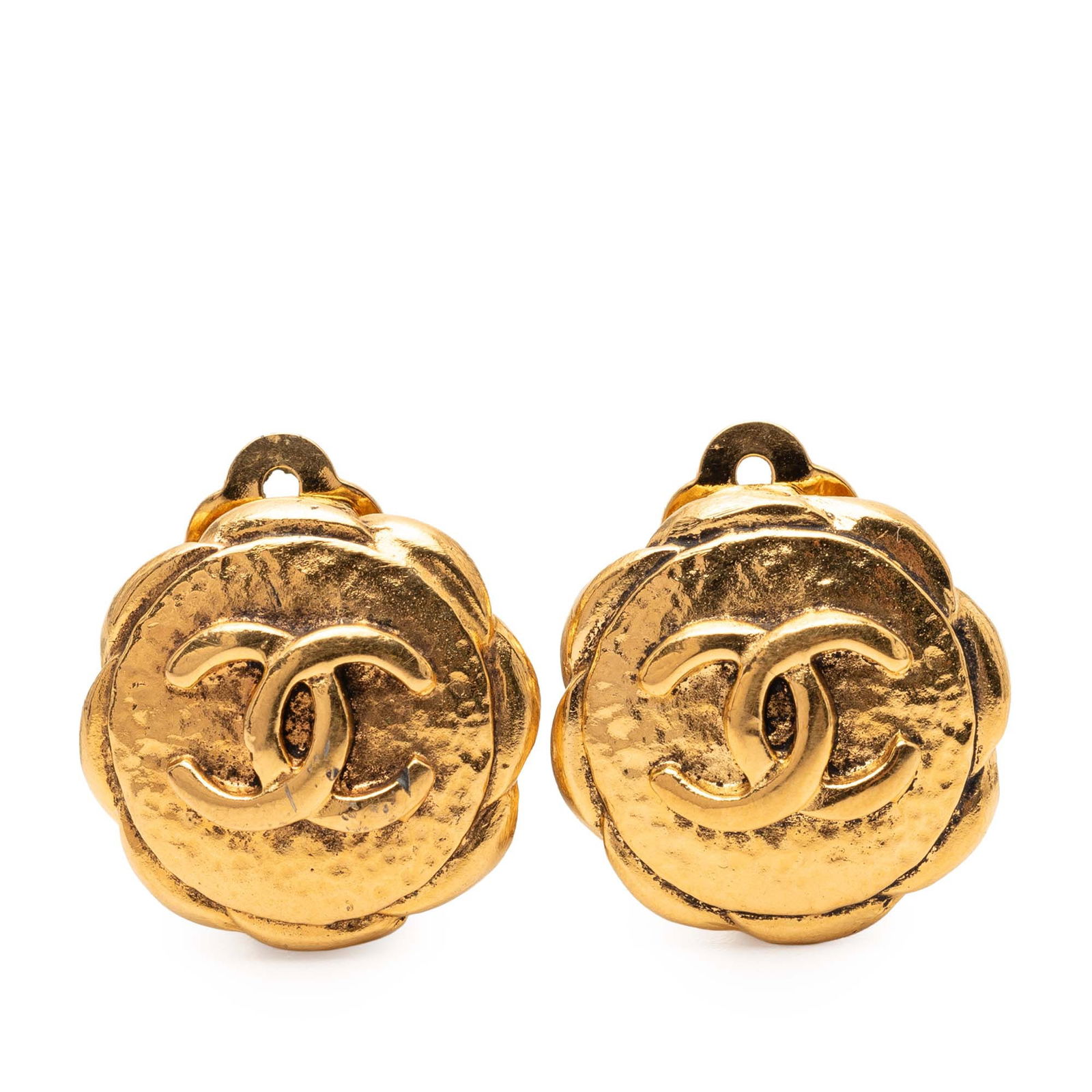 Chanel Round Gold Plated CC Clip Earrings Costume Jewelry: Chanel Round Gold Plated CC Clip Earrings Costume Jewelry These Chanel earrings feature a round design crafted from gold-plated metal with a clip-on closure. They are categorized as costume jewelry an