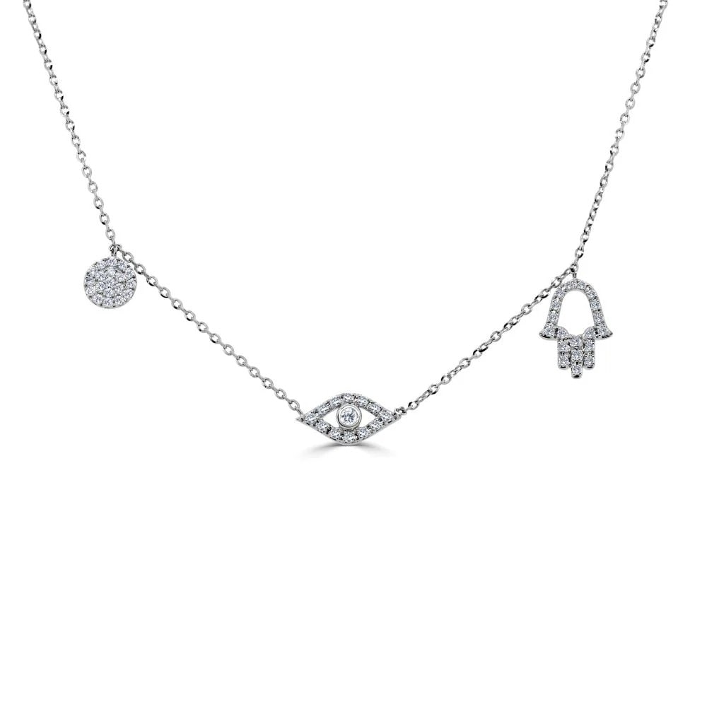 Sabrina Designs 14K White Gold Diamond Evil Eye Necklace 0.23 CTW: Sabrina Designs 14K White Gold Diamond Evil Eye Necklace 0.23 CTW This elegant necklace features a round pendant charm designed in the shape of an Evil Eye, crafted from 14K white gold. Adorned with d