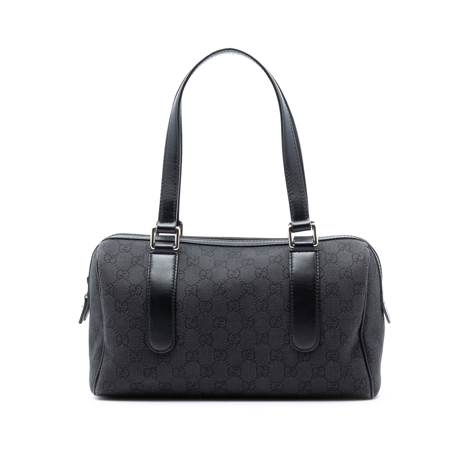 Gucci Charmy Boston Bag in GG Denim with Leather Trim: Gucci Charmy Boston Bag in GG Denim with Leather Trim This Gucci GG Denim Charmy Boston Bag features a denim exterior with leather trim, flat leather straps, a top zip closure, and both interior zip a