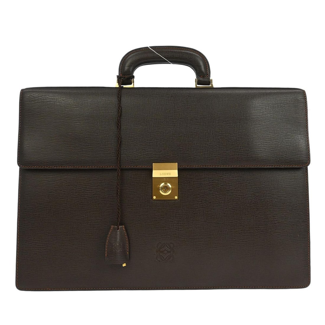 Loewe Anagram Large Brown Leather Top Handle Briefcase Bag: Loewe Anagram Large Brown Leather Top Handle Briefcase Bag This Loewe brown leather briefcase features a large size with a top handle design, making it ideal for carrying documents and essentials. Cra