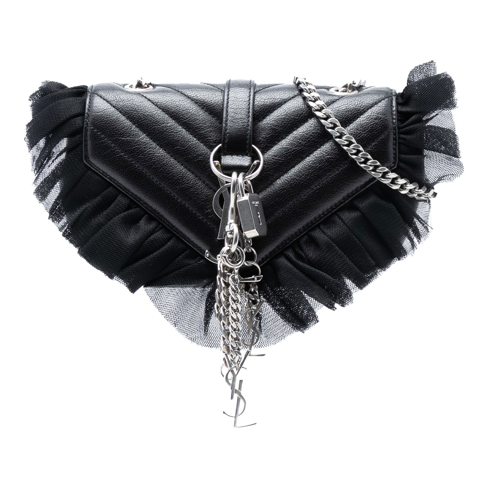 Saint Laurent Baby Chevron Monogram Punk Goatskin Crossbody Bag: Saint Laurent Baby Chevron Monogram Punk Goatskin Crossbody Bag This Saint Laurent Baby Goatskin Tulle Chevron Monogram Classic Punk Chain Bag is crafted from black goatskin leather and features a che