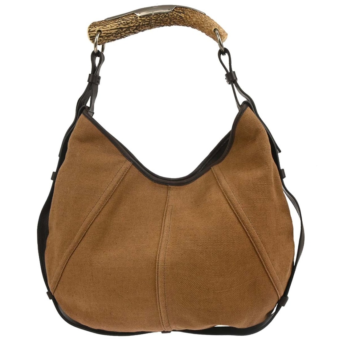 Saint Laurent Mombasa Brown Canvas Top Handle Medium Bag: Saint Laurent Mombasa Brown Canvas Top Handle Medium Bag This Yves Saint Laurent Mombasa handbag features a brown canvas exterior with logo accents and a top handle design. Made in Italy, it is sized