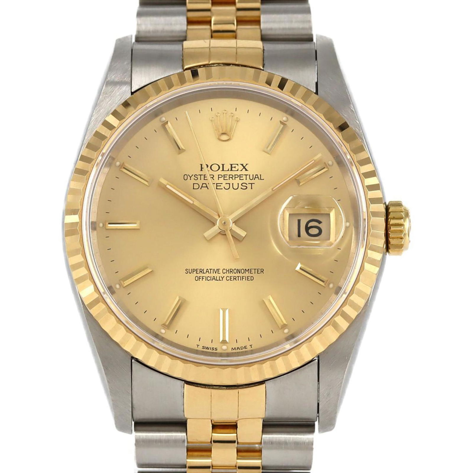 Gold Tone Steel Datejust Watch by Rolex 36mm Swiss Made: Gold Tone Steel Datejust Watch by Rolex 36mm Swiss Made This Rolex Datejust 36mm is crafted in stainless steel with gold-tone accents and features a 36mm case diameter. Designed for men, it comes with
