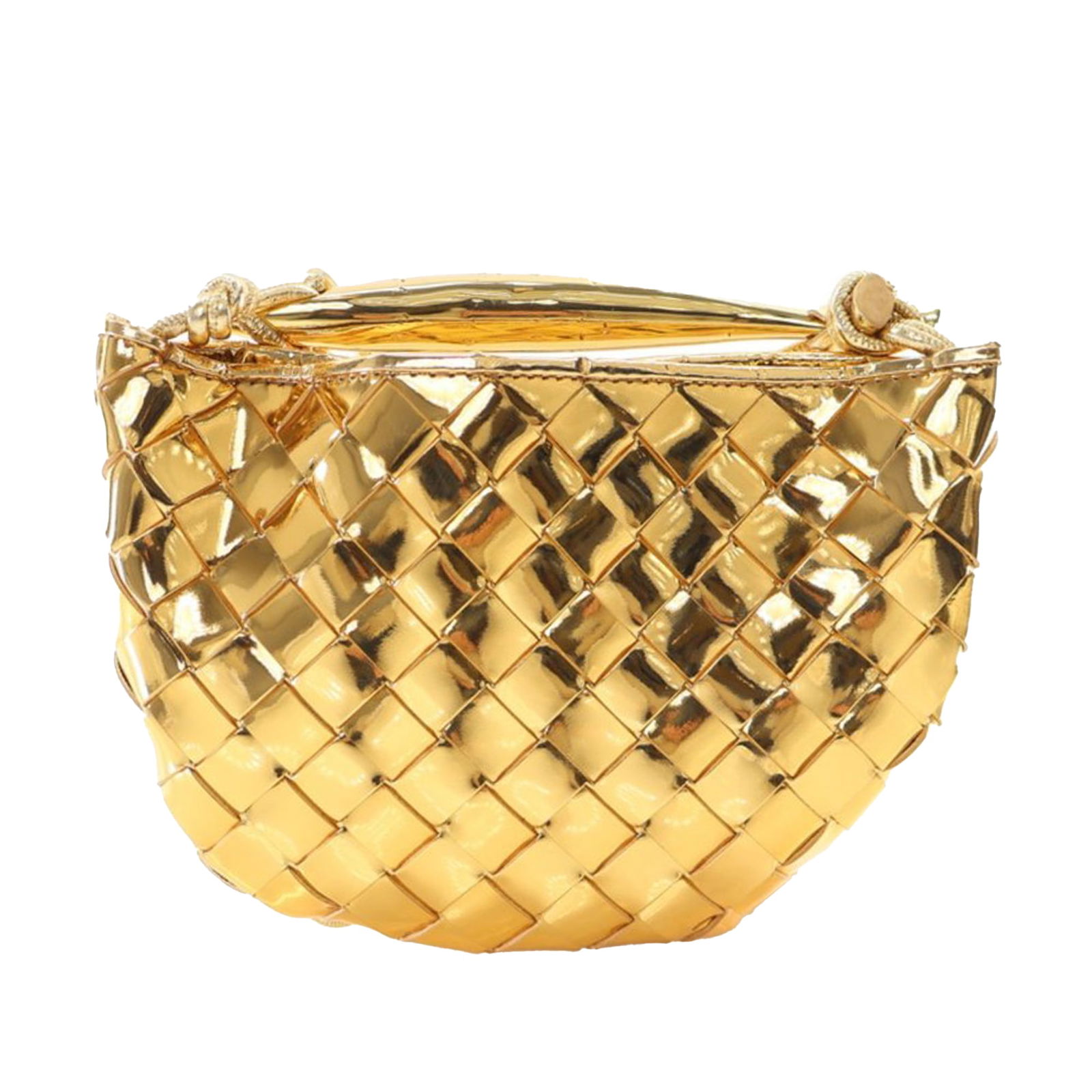 Bottega Veneta Baby Metallic Lambskin Gold Intrecciato Sardine Bag: Bottega Veneta Baby Metallic Lambskin Gold Intrecciato Sardine Bag The Bottega Veneta Baby Metallic Lambskin Intrecciato Sardine is a luxurious bag crafted from woven metallic lambskin leather, showca