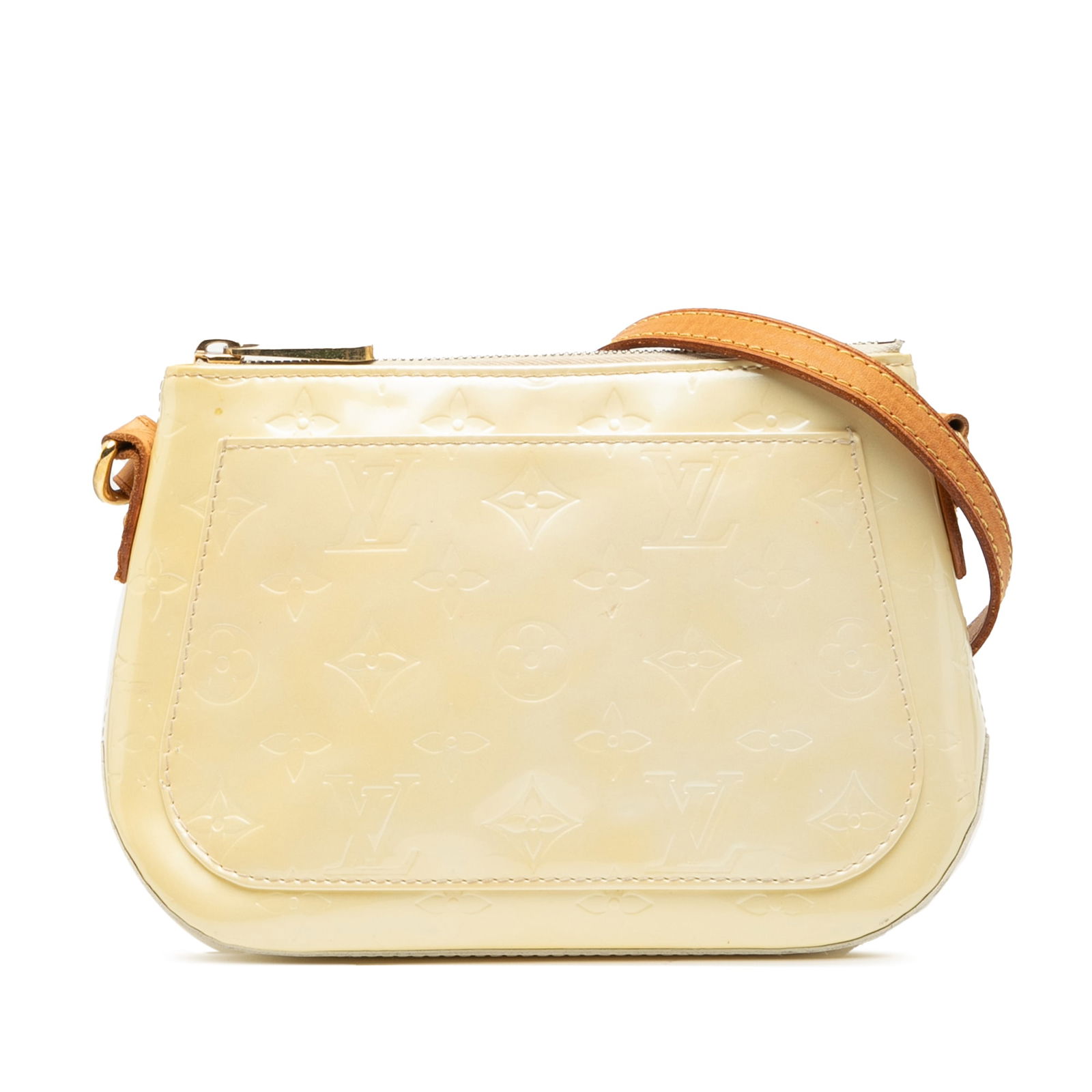 Louis Vuitton Minna Street Bag in Monogram Vernis Leather White: Louis Vuitton Minna Street Bag in Monogram Vernis Leather White The Louis Vuitton Monogram Vernis Minna Street bag features a glossy vernis leather body in white, complemented by an adjustable flat va