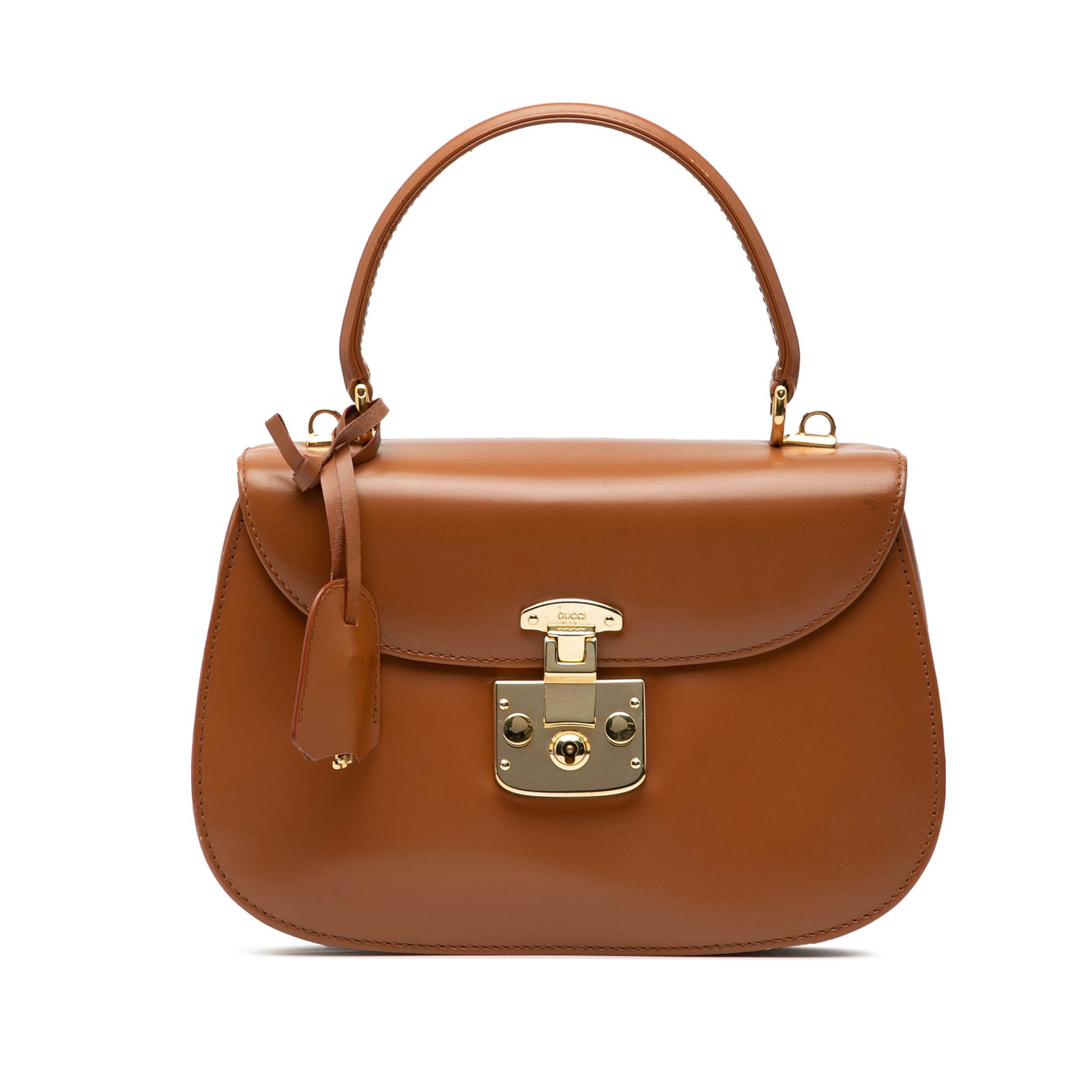 Gucci Lady Lock Brown Leather Satchel Handbag: Gucci Lady Lock Brown Leather Satchel Handbag This Gucci Lady Lock satchel is crafted from smooth brown calfskin leather and features a structured silhouette with a flat leather handle. The bag has a