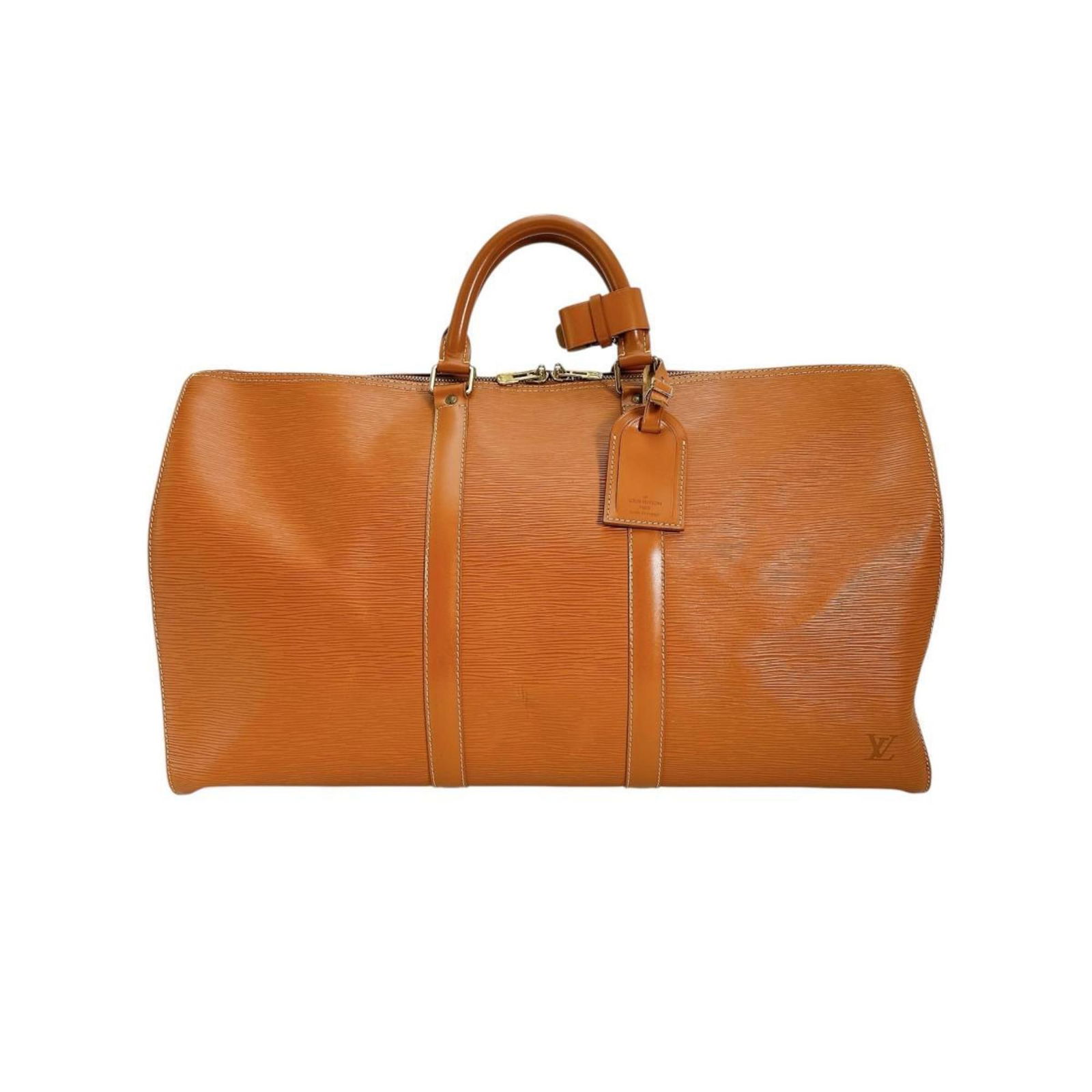 Louis Vuitton Keepall 50 Brown Leather Travel Bag: Louis Vuitton Keepall 50 Brown Leather Travel Bag The Louis Vuitton Keepall 50 is a classic leather travel bag in brown, designed for unisex use. It features a spacious interior and is crafted in Fran