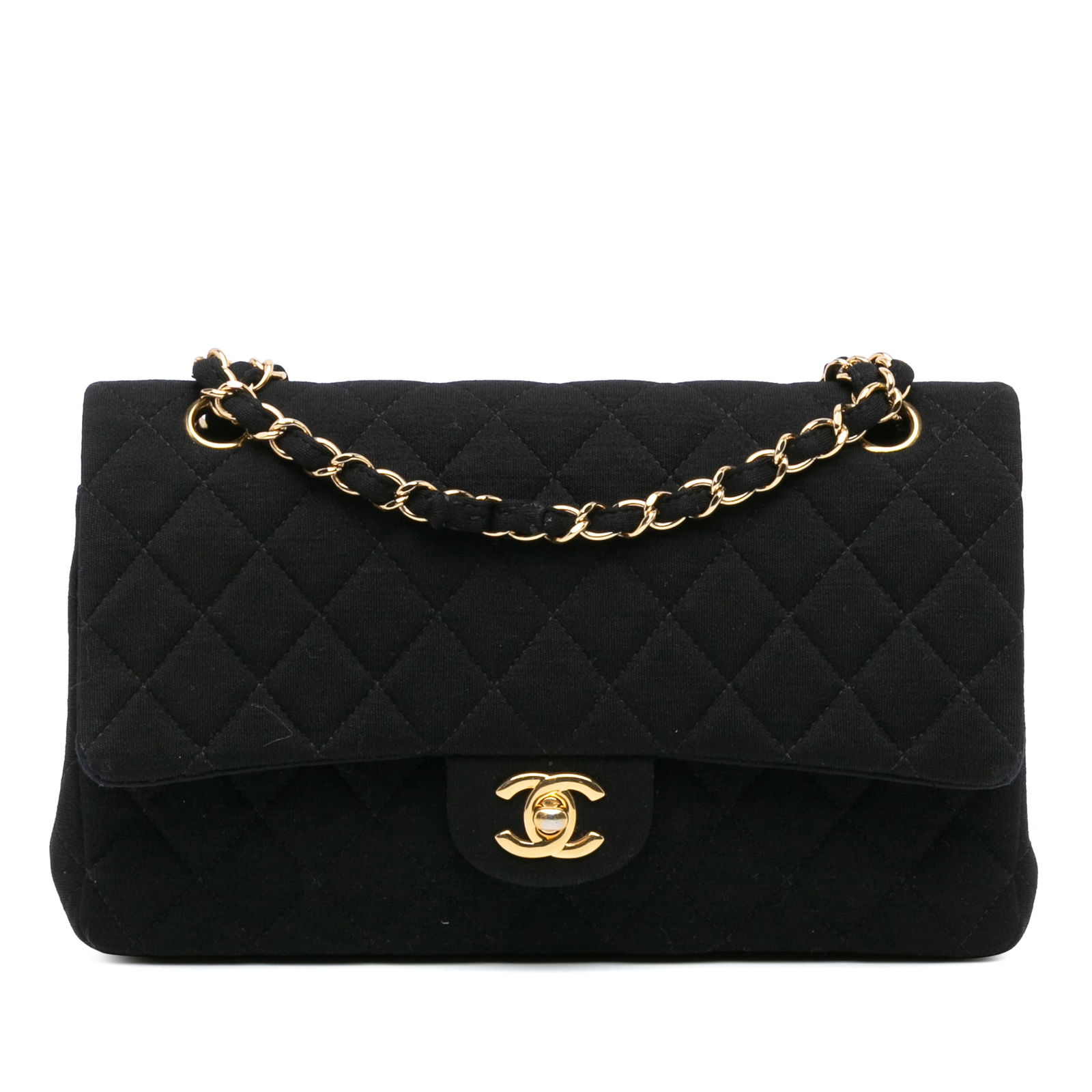 Chanel Medium Classic Jersey Double Flap Black Shoulder Bag: Chanel Medium Classic Jersey Double Flap Black Shoulder Bag This Chanel Medium Classic Jersey Double Flap shoulder bag is a stylish accessory crafted from quilted black jersey fabric. It features a fa