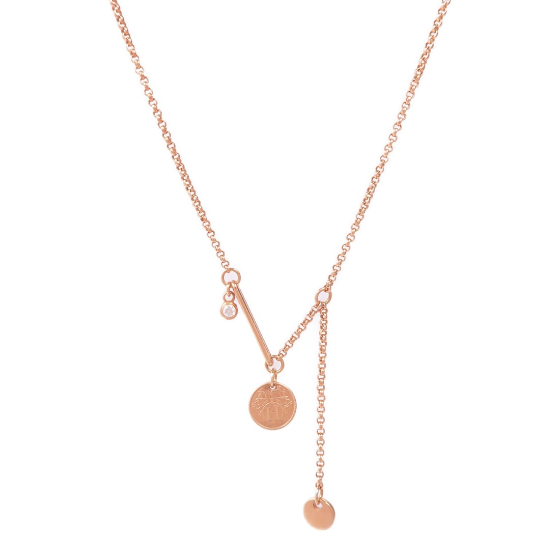 HERMES Libris Pendant Necklace 18K Pink Gold Diamond: HERMES Libris Pendant Necklace 18K Pink Gold Diamond This exquisite HERMES Libris Pendant Necklace showcases elegance and sophistication. Crafted from 18K pink gold (K18PG), it features a clear frame