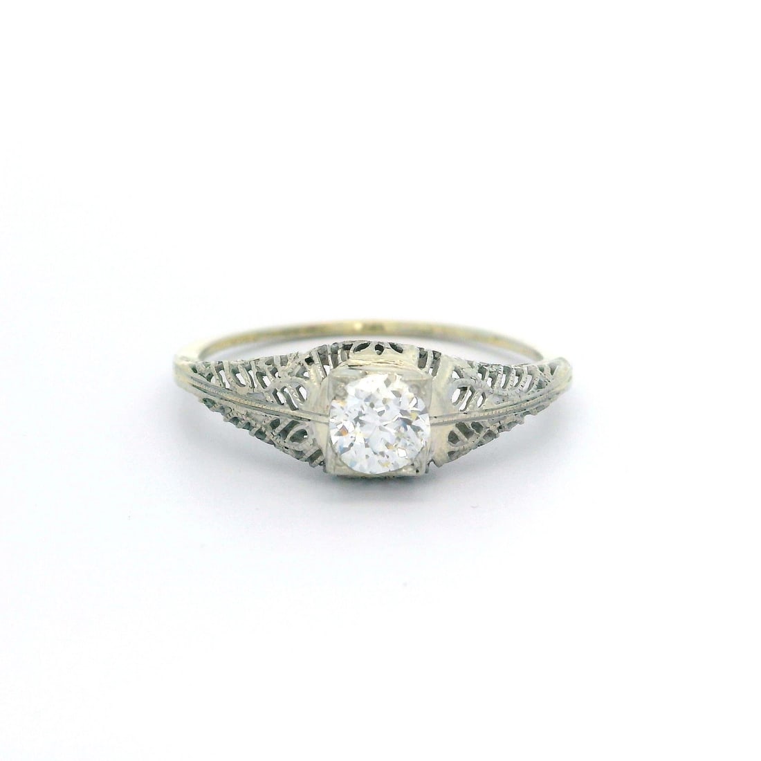 Antique Art Deco 18k White Gold GIA 0.54ct Cushion Diamond Engagement Ring: Antique Art Deco 18k White Gold GIA 0.54ct Cushion Diamond Engagement Ring This exquisite Antique Art Deco engagement ring features a stunning 0.54ct old mine cushion cut diamond, certified by GIA. Th