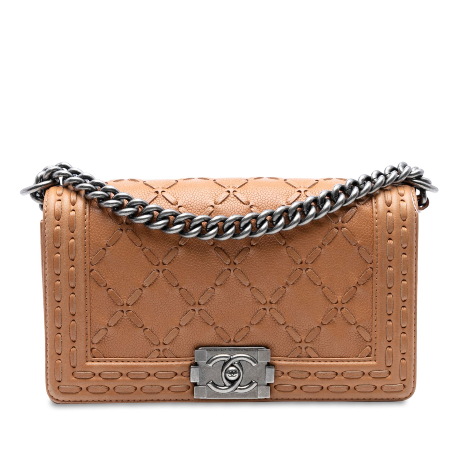 Chanel Medium Caviar Boy Flap Crossbody Bag Brown: Chanel Medium Caviar Boy Flap Crossbody Bag Brown This Chanel Medium Caviar Stitched Boy Flap crossbody bag showcases a luxurious caviar leather body, complemented by a stylish curb chain link strap f