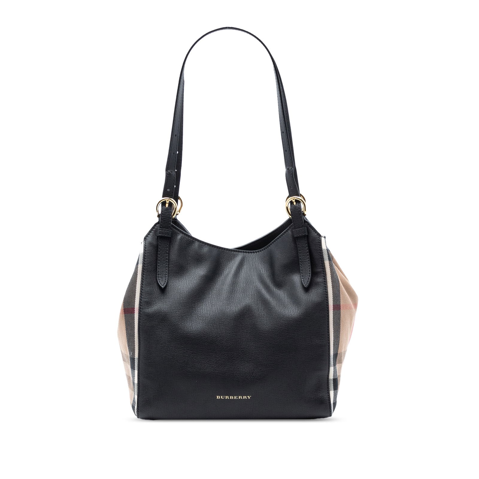 Burberry Canterbury Small Black Leather Tote with Canvas House Check Trim: Burberry Canterbury Small Black Leather Tote with Canvas House Check Trim This Burberry Canterbury tote is crafted with a leather body complemented by House Check canvas trim. It features flat leather