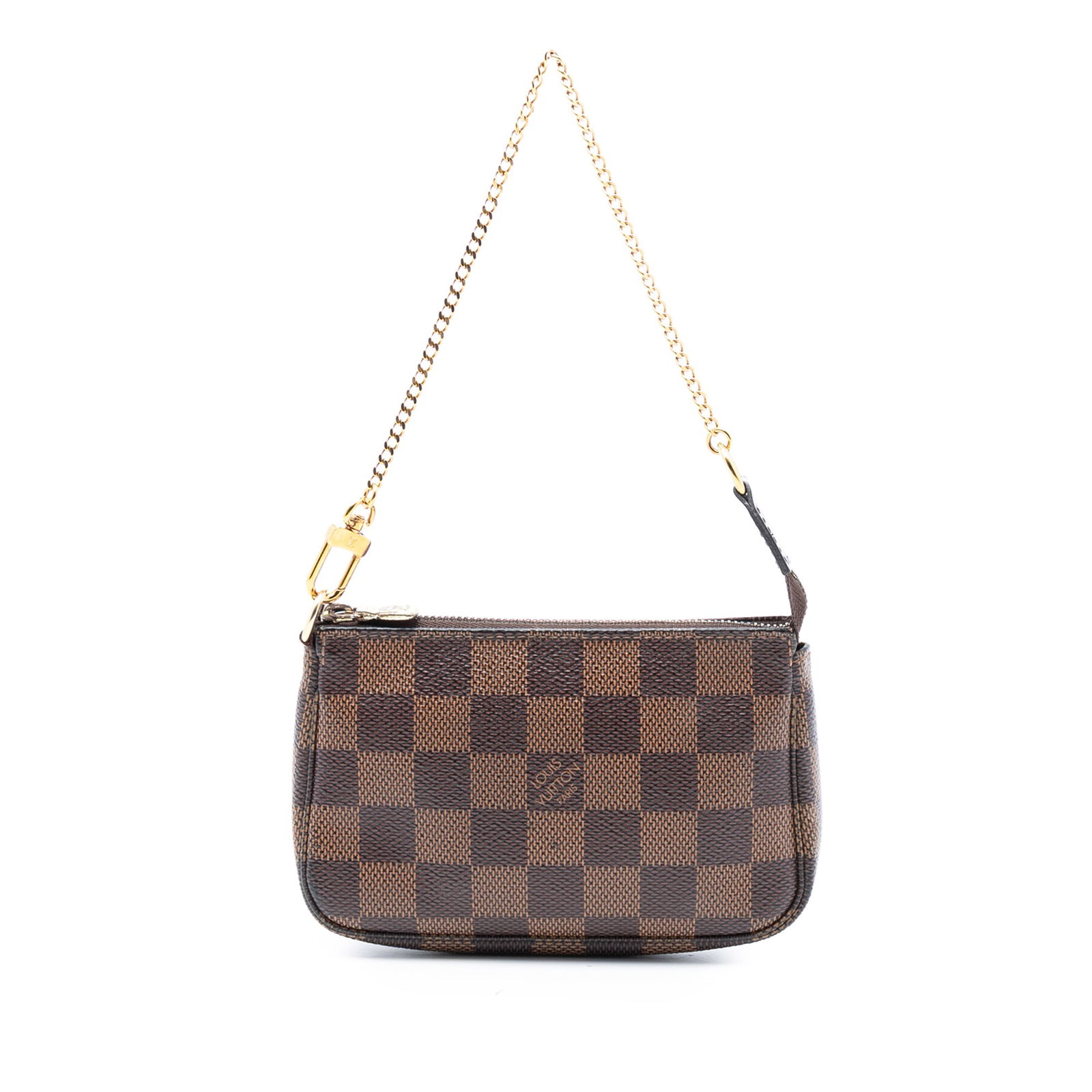 Louis Vuitton Mini Pochette in Damier Ebene Canvas with Chain Strap: Louis Vuitton Mini Pochette in Damier Ebene Canvas with Chain Strap This Louis Vuitton Mini Pochette Accessoires features the signature Damier Ebene canvas and a gold-tone chain link strap with a top