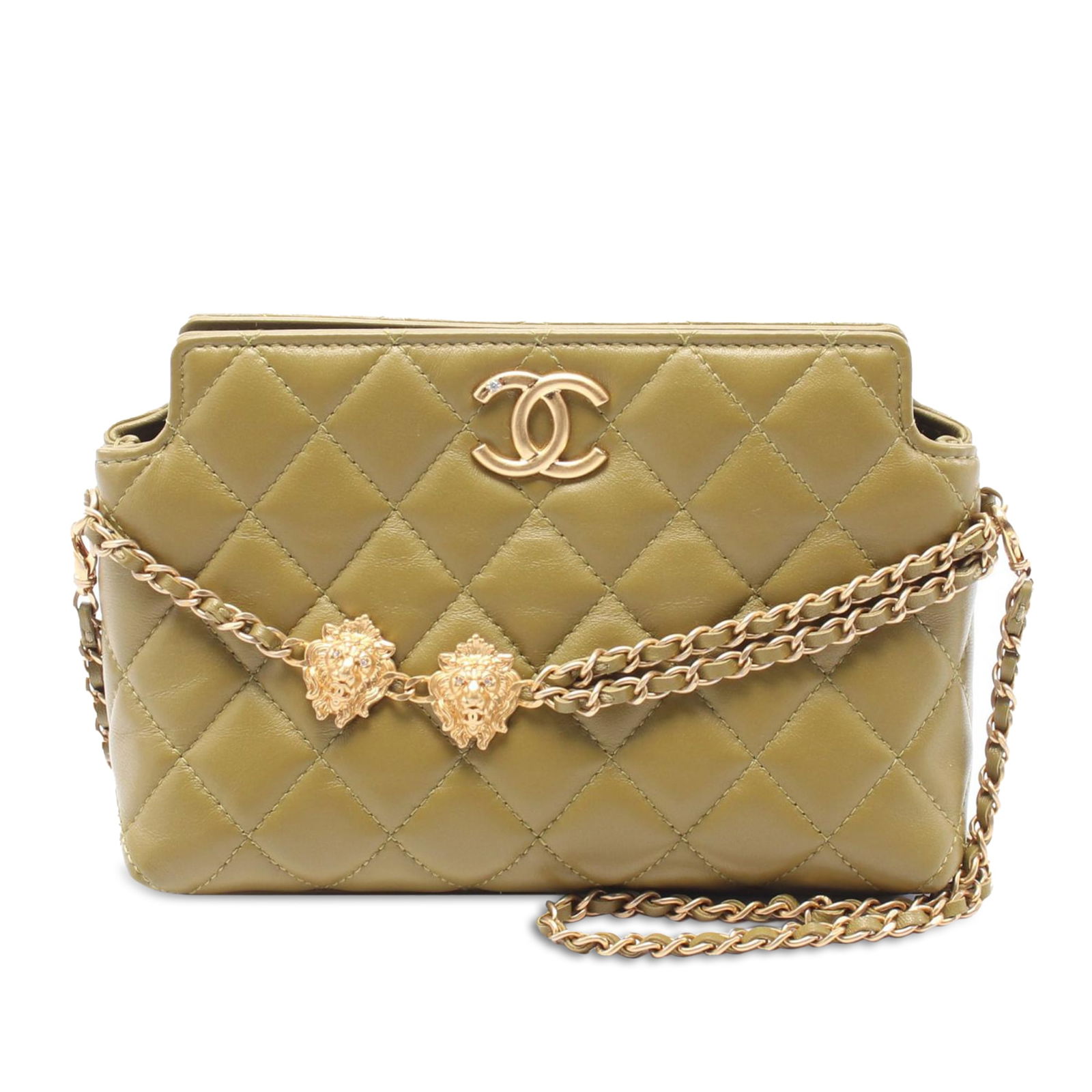 Chanel Quilted Lambskin Leo Shoulder Bag Green with Gold Lion Hardware: Chanel Quilted Lambskin Leo Shoulder Bag Green with Gold Lion Hardware The Chanel Quilted Lambskin Leo Shoulder Bag is a luxurious accessory crafted from soft quilted lambskin leather, showcasing a vi