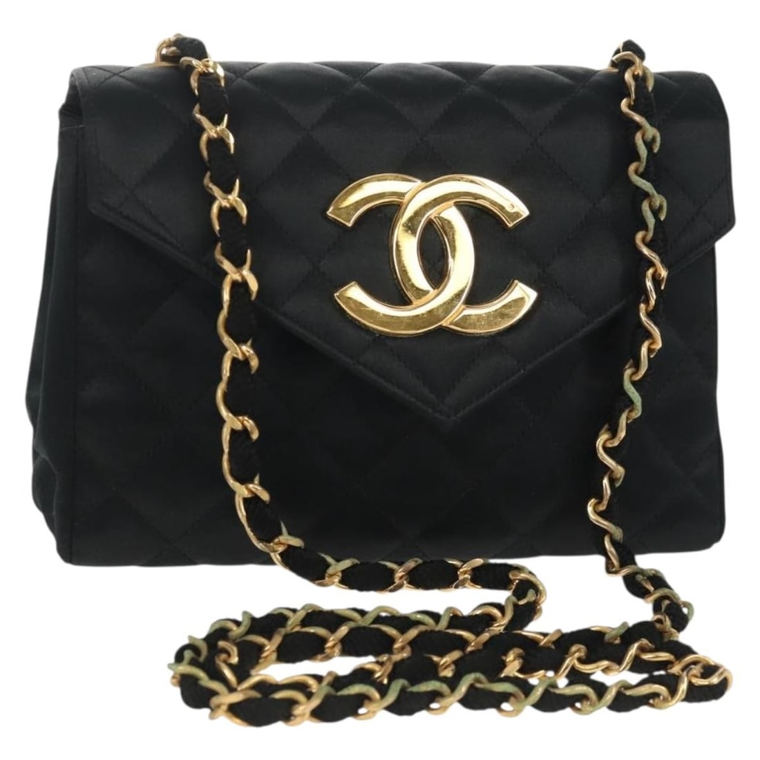 CHANEL Black Gold Satin Matelasse Shoulder Bag with Dust Bag Auth 154932SAV (1 of 18)
