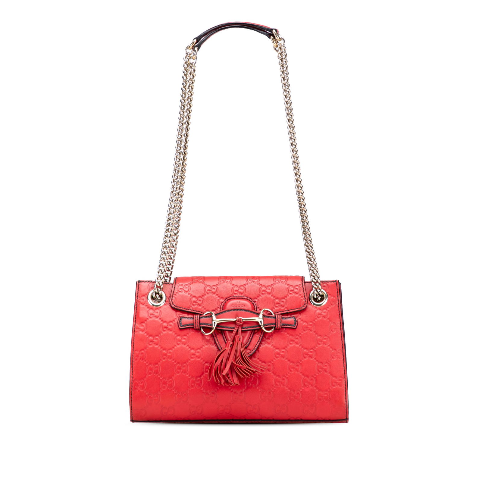 Gucci Small Guccissima Emily Red Leather Shoulder Bag: Gucci Small Guccissima Emily Red Leather Shoulder Bag Introducing the Small Guccissima Emily Shoulder Bag, a stylish accessory crafted from embossed leather. This chic bag features elegant chain link