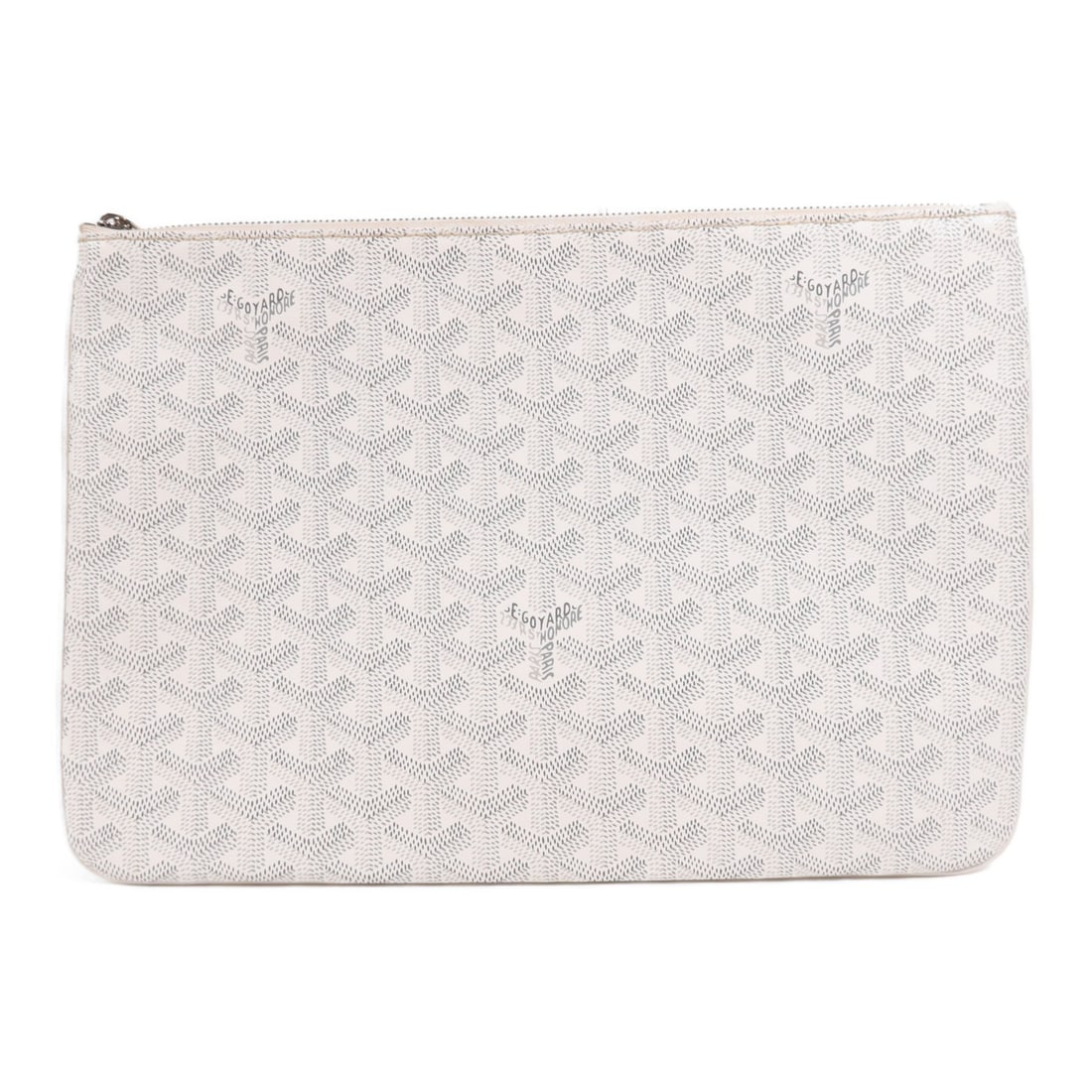 GOYARD White SHW Clutch PVC Coated Canvas France: GOYARD White SHW Clutch PVC Coated Canvas France This GOYARD clutch is crafted from durable PVC coated canvas in a pristine white hue. It features a sleek and stylish design, making it a perfect acces
