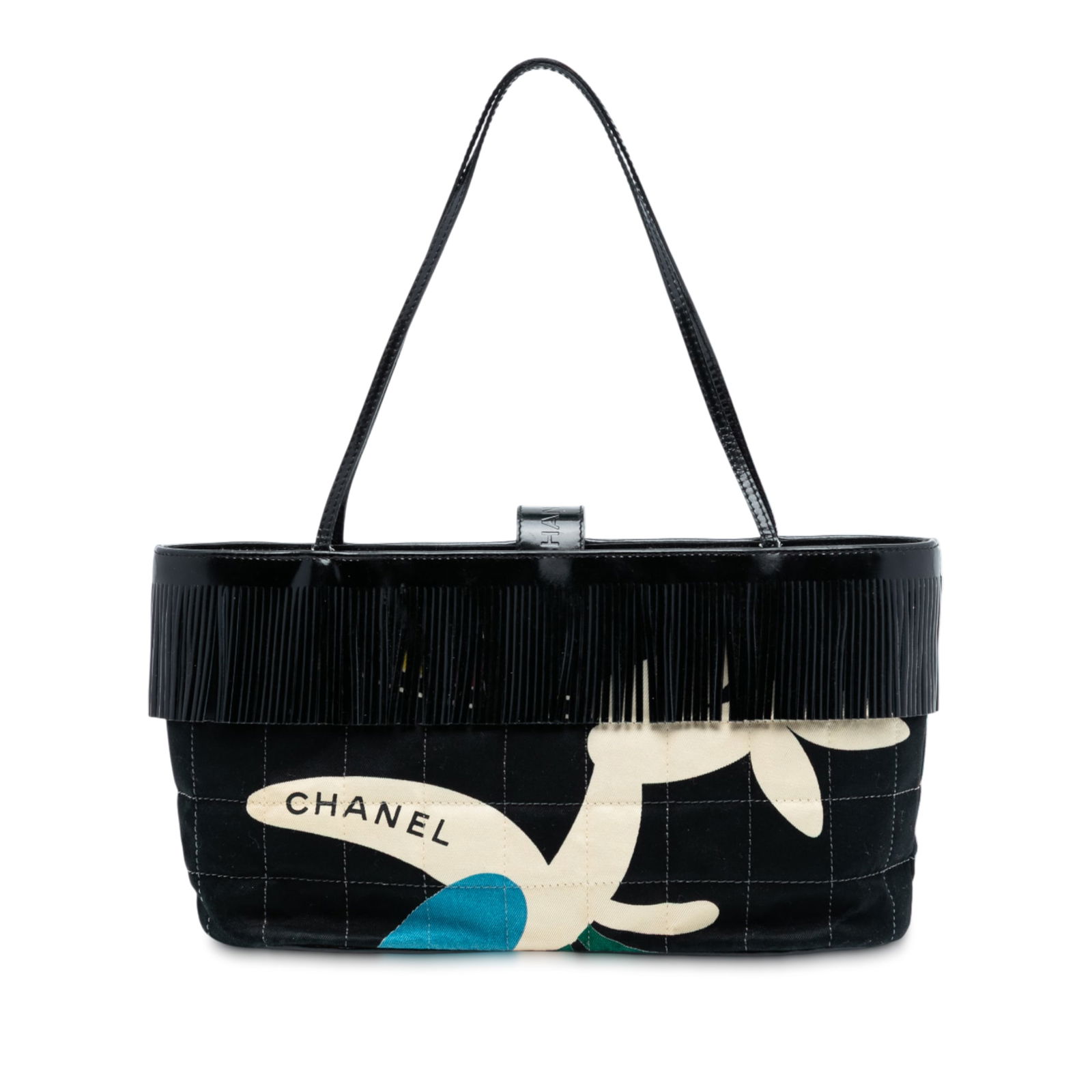 Chanel Canvas Handbag with Leather Fringe and Chocolate Bar Print: Chanel Canvas Handbag with Leather Fringe and Chocolate Bar Print This Chanel Chocolate Bar Printed Canvas Fringe Handbag features a canvas body with a distinctive chocolate bar print, a top accent of