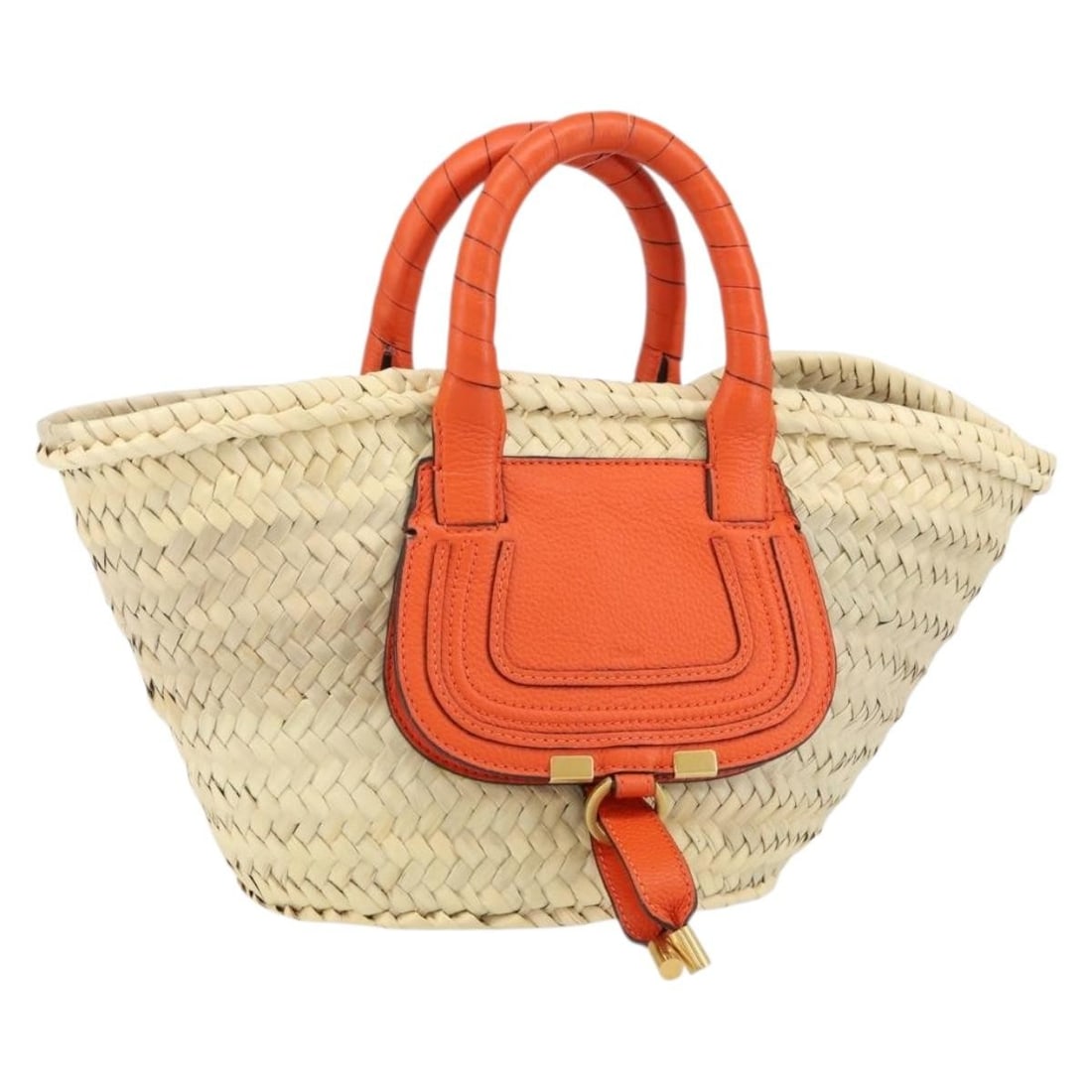 Chloe Marcie Basket Hand Bag Orange Beige Wood Auth 153174 (1 of 18)
