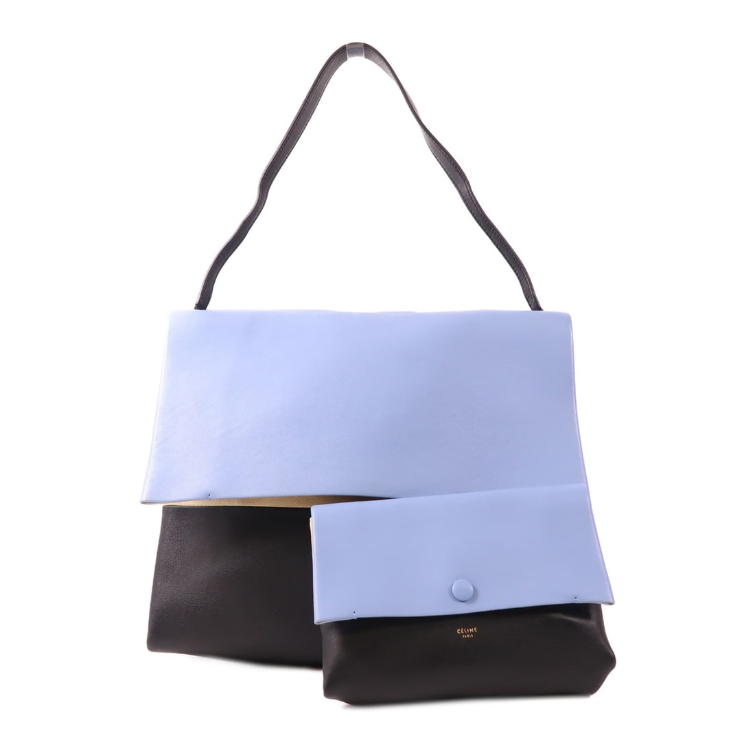 CELINE All Soft Shoulder Bag Calfskin Leather Blue Black: CELINE All Soft Shoulder Bag Calfskin Leather Blue Black The CELINE All Soft Shoulder Bag is crafted from premium calfskin leather in a striking blue and black color combination. This elegant bag feat