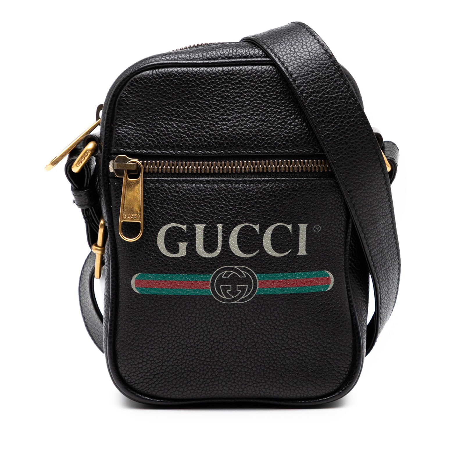 Gucci Mini Grained Calfskin Logo Crossbody Black Leather Bag: Gucci Mini Grained Calfskin Logo Crossbody Black Leather Bag This elegant Gucci Mini Grained Calfskin Logo Crossbody bag is crafted from high-quality leather and features a classic black color. It inc