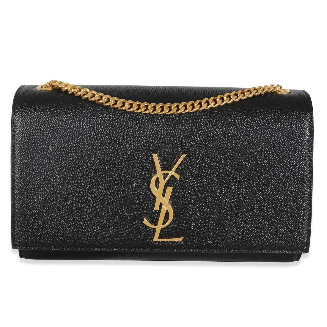 Medium Kate Shoulder Bag in Black Grain De Poudre Leather by Saint Laurent: Medium Kate Shoulder Bag in Black Grain De Poudre Leather by Saint Laurent This Saint Laurent Black Grain De Poudre Medium Kate shoulder bag showcases a refined black leather exterior and gold-tone ha