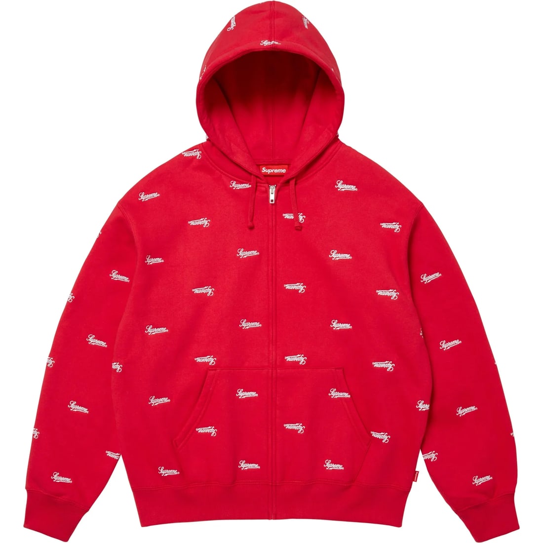 Red Zip Hoodie Featuring Supreme Repeat Script Logo XL: Red Zip Hoodie Featuring Supreme Repeat Script Logo XL This Supreme Repeat Script Red Zip Up Hoodie showcases the brand's repeat script logo pattern across a vibrant red design. Made from heavyweight