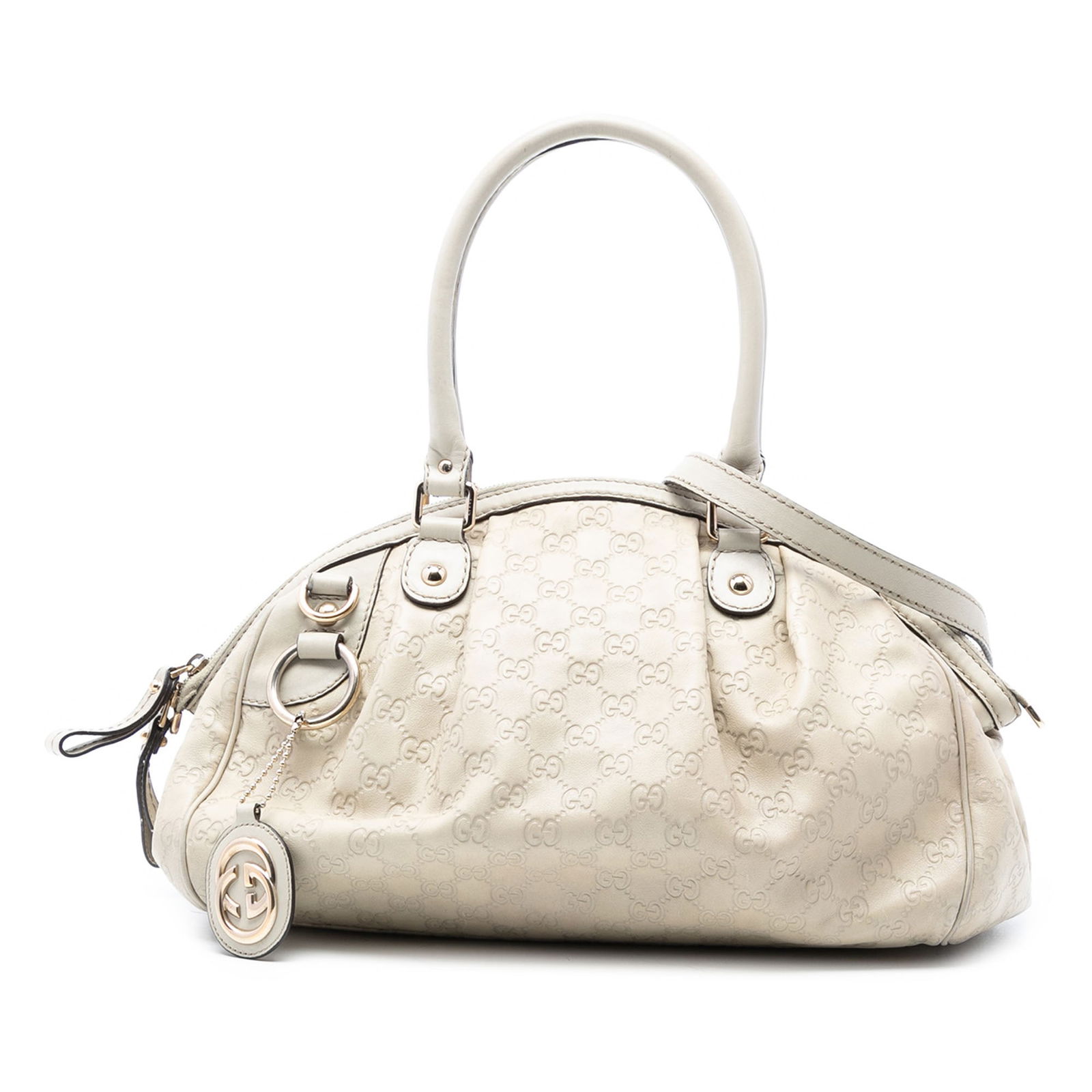 Gucci Sukey Satchel Brown Embossed Leather with Shoulder Strap: Gucci Sukey Satchel Brown Embossed Leather with Shoulder Strap The Sukey satchel features an embossed leather exterior in brown, rolled leather top handles, and a detachable flat leather shoulder stra