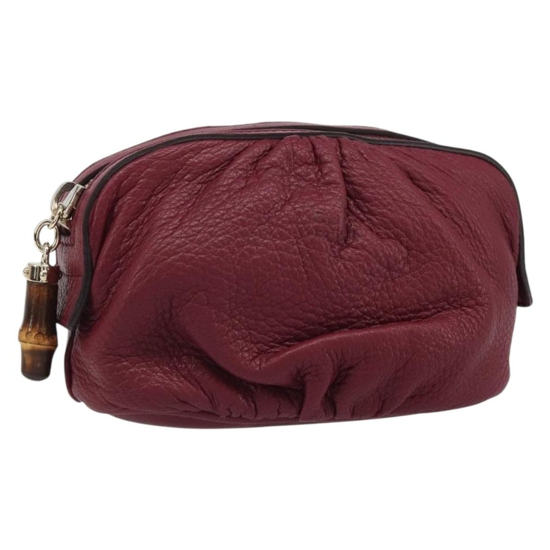 Gucci Purple Leather Bamboo Pouch Bag with Gold Accents and Dust Bag: Gucci Purple Leather Bamboo Pouch Bag with Gold Accents and Dust Bag This is a Gucci Bamboo pouch crafted from purple and gold leather. The pouch features a compact design with approximate dimensions