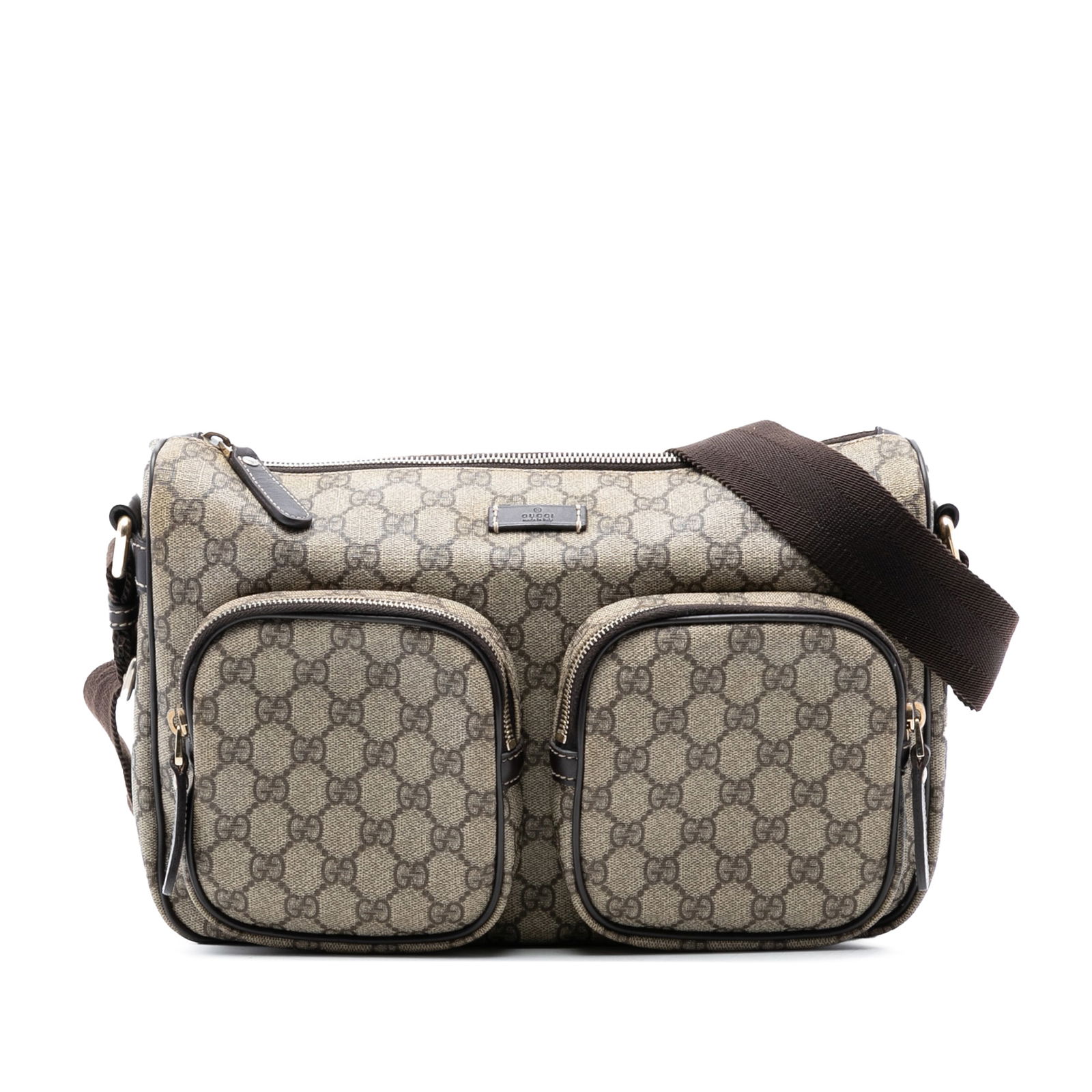 GG Supreme Double Pocket Crossbody Bag with Leather Trim by Gucci: GG Supreme Double Pocket Crossbody Bag with Leather Trim by Gucci This Gucci GG Supreme Double Pocket Crossbody bag features a coated canvas exterior with leather trim, an adjustable flat shoulder str