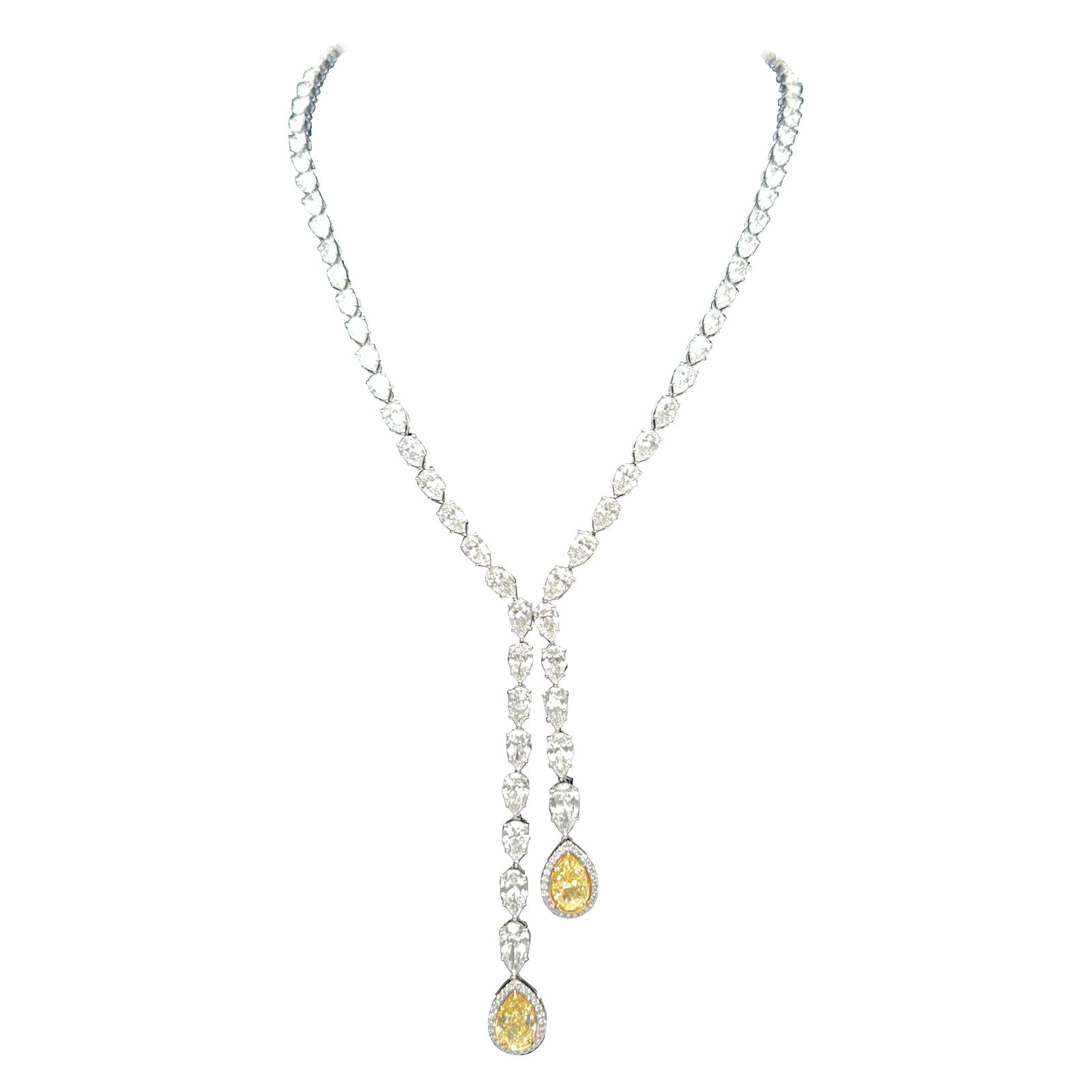 19ct Fancy Yellow Pear Diamond Necklace 18k Gold: 19ct Fancy Yellow Pear Diamond Necklace 18k Gold This exquisite 19ct Fancy Yellow & Pear Diamond Drop Necklace is crafted from 18k gold, showcasing a stunning arrangement of diamonds. The necklace fea