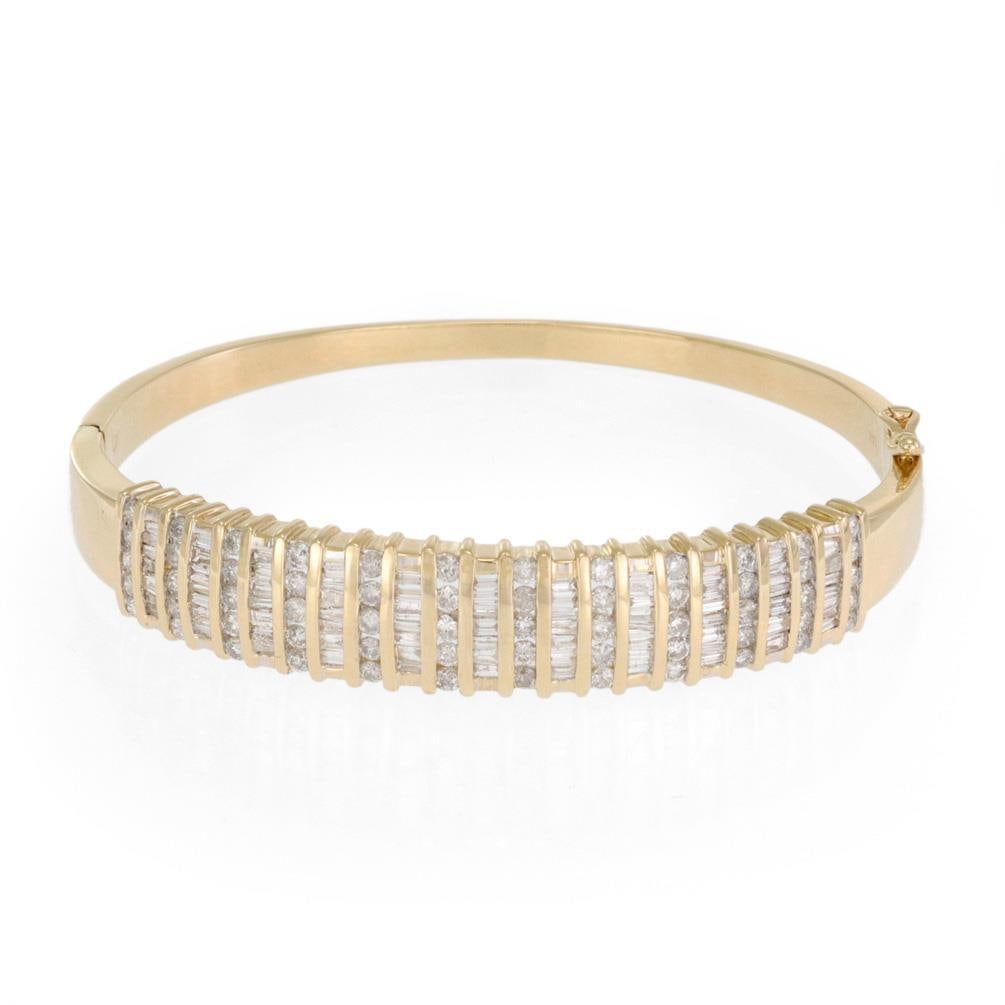 14k Yellow Gold 4 Carat Diamond Fancy Dome Bangle Bracelet: 14k Yellow Gold 4 Carat Diamond Fancy Dome Bangle Bracelet This exquisite bangle bracelet features a stunning dome shape, expertly crafted in 14k yellow gold. The hinged design includes a secure slide