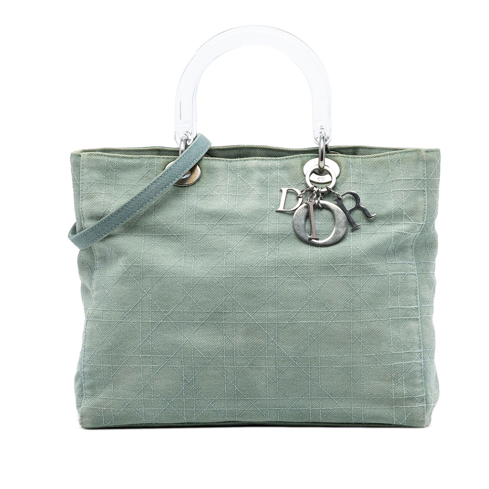 Dior Large Denim Cannage Satchel with Acrylic Handles: Dior Large Denim Cannage Satchel with Acrylic Handles The Large Denim Cannage Acrylic Handles Lady Dior satchel combines luxurious style with practical features. It showcases a quilted denim exterior