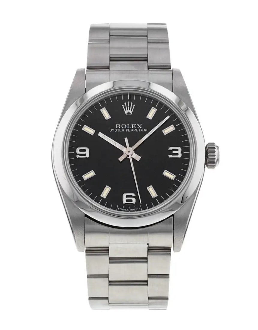 Ladies Rolex Oyster Perpetual Ref 67480 Black Dial Oyster Bracelet Watch: Ladies Rolex Oyster Perpetual Ref 67480 Black Dial Oyster Bracelet Watch This Rolex Oyster Perpetual watch features a black dial and a smooth bezel, complemented by an Oyster bracelet. Designed for la