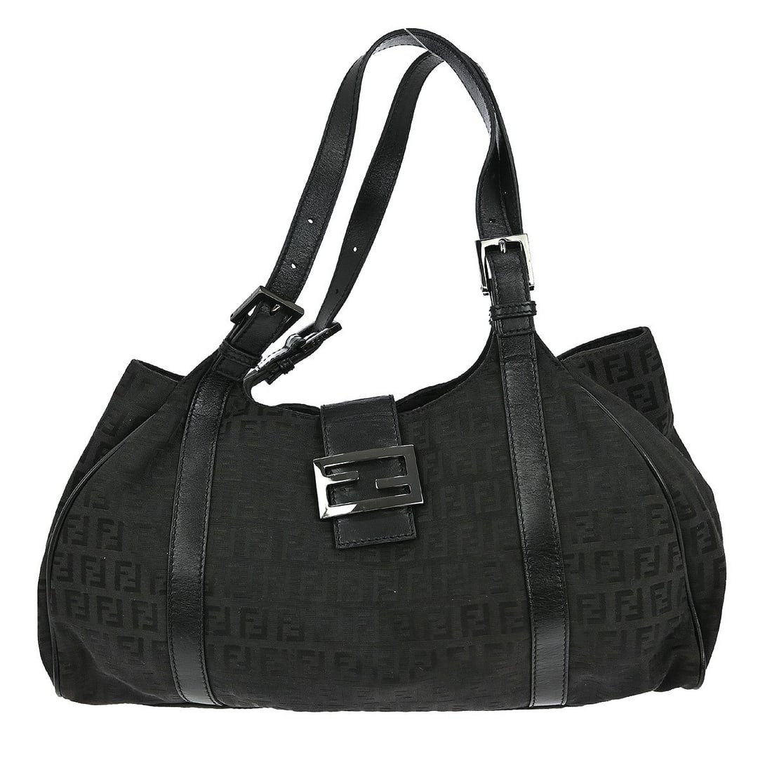 Fendi Zucchino Black Canvas Medium Handbag with Double Leather Handles: Fendi Zucchino Black Canvas Medium Handbag with Double Leather Handles This Fendi Black Zucchino handbag features the signature Fendi Zucchino pattern on a canvas exterior, accented with the brand's l