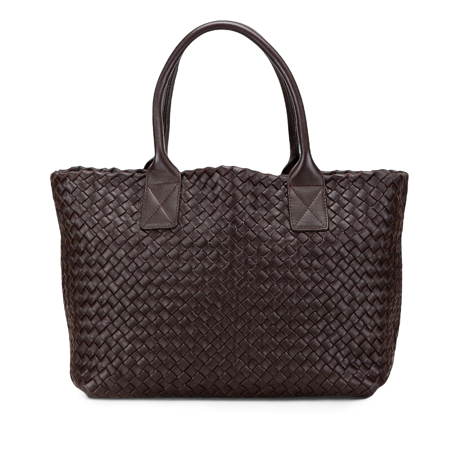 Bottega Veneta Brown Lambskin Intreccio Cabat Tote Bag: Bottega Veneta Brown Lambskin Intreccio Cabat Tote Bag Elevate your style with the Bottega Veneta Lambskin Intreccio Cabat Tote, expertly crafted from woven lambskin leather. This luxurious tote featu