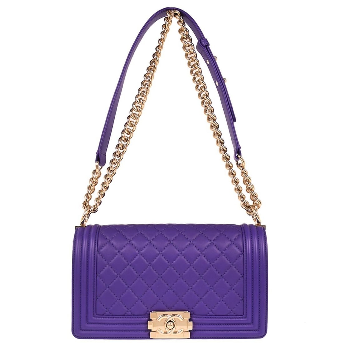 Chanel Boy Medium Purple Quilted Lambskin Shoulder Bag with Chain Strap: Chanel Boy Medium Purple Quilted Lambskin Shoulder Bag with Chain Strap This CHANEL Boy shoulder bag features a medium-sized, square silhouette crafted from purple lambskin leather. The bag is accente