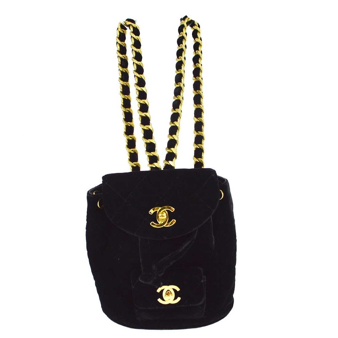 Chanel Black Velvet Mini Duma Backpack with Chain Strap: Chanel Black Velvet Mini Duma Backpack with Chain Strap This chic Chanel Black Velvet Duma Backpack is perfect for casual outings. Measuring 7 inches in width, 6 inches in height, and 3 inches in dept