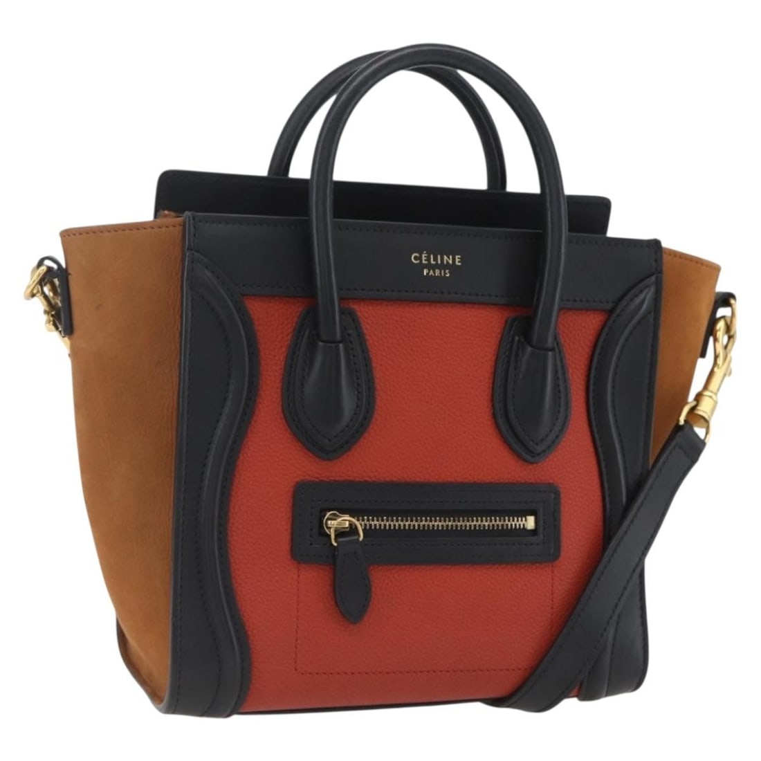 Celine Nano Luggage Orange Leather Handbag with Shoulder Strap and Dust Bag: Celine Nano Luggage Orange Leather Handbag with Shoulder Strap and Dust Bag This CELINE Luggage Nano Shopper is a versatile 2-way handbag crafted from high-quality leather in a striking orange and gol
