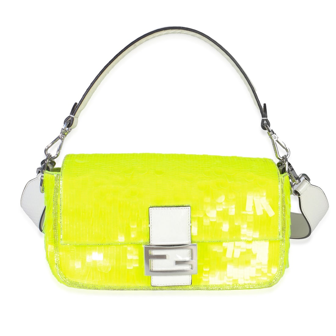Fendi Neon Yellow Medium Baguette Bag with Sequin Paillettes: Fendi Neon Yellow Medium Baguette Bag with Sequin Paillettes This stunning Fendi Medium Baguette Bag is crafted from embellished satin and adorned with vibrant neon yellow sequins, making it a standou