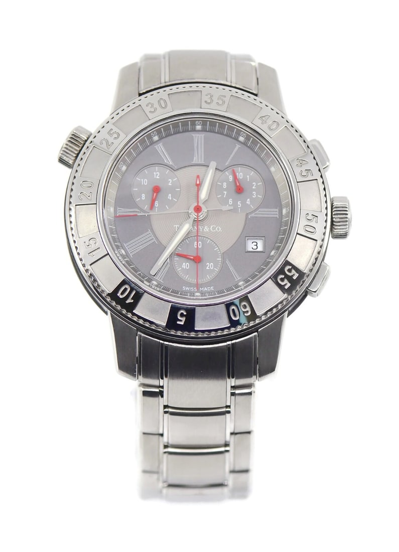 Tiffany & Co Chronograph Stainless Steel Watch Ref T-57 42mm Authentic: Tiffany & Co Chronograph Stainless Steel Watch Ref T-57 42mm Authentic Experience elegance and precision with this Tiffany & Co. Chronograph Stainless Steel Watch, model T-57. This exquisite wristwatc