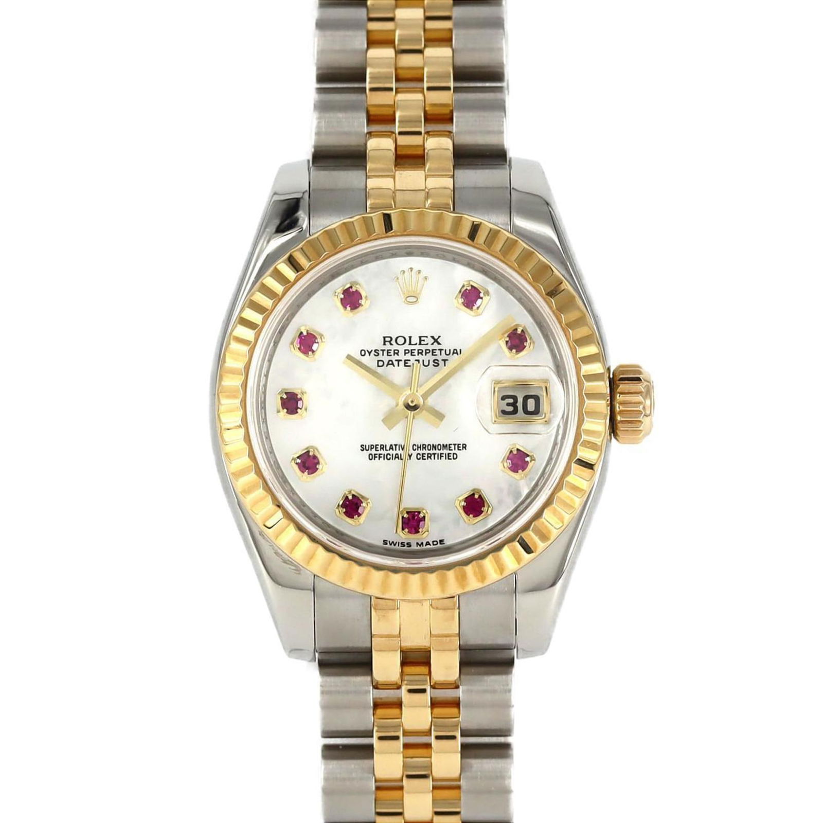 Steel Rolex Lady DateJust White Dial 26mm Swiss Watch: Steel Rolex Lady DateJust White Dial 26mm Swiss Watch This Rolex Lady DateJust 26mm watch features a white dial and a stainless steel case. Designed for women, it has a classic 26mm case diameter and