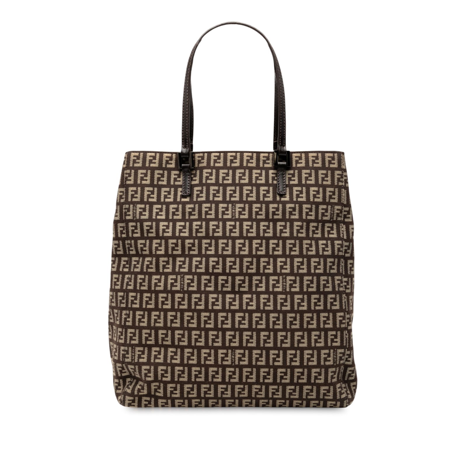 Fendi Zucchino Canvas Tote Brown Fabric Bag with Zip Compartment: Fendi Zucchino Canvas Tote Brown Fabric Bag with Zip Compartment This Fendi Zucchino Canvas Tote is a stylish accessory, featuring a durable canvas body complemented by flat leather handles and an ope